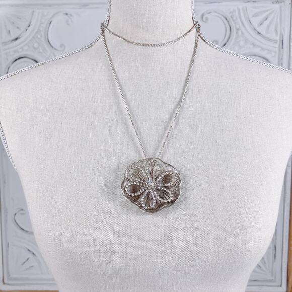 Large Wire Rhinestone Flower 2" Pendant Necklace, Extra Long 36" Chain - Picture 4 of 8